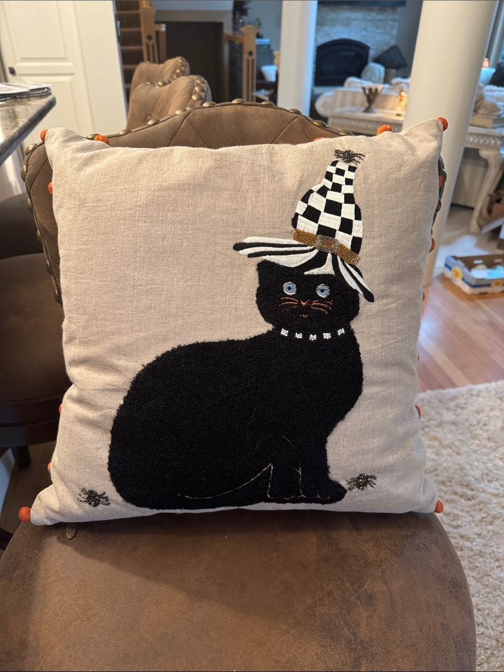 Mackenzie Childs Decorative Black Cat Embroidered Accent Pillow - Neutral Linen